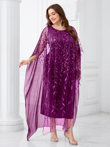 Image of Plus Size Sparkly Formal Evening Gown Sequin Cape Overlay Mother of Bride Dress Wedding Guest Cocktail Party