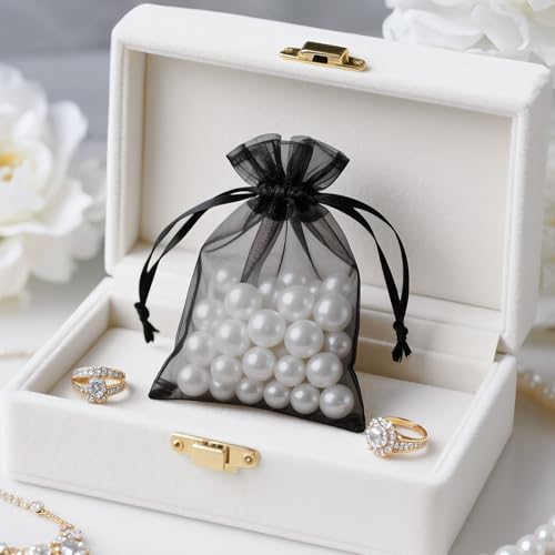 Image of Joycraft 50Pcs Organza Bags, 2.7 inchx3.5 inch Gift Favor Pouches, Black Breathable Tulle With Drawstring, Sheer Mesh for Wedding, Jewelry, Makeup, Candy