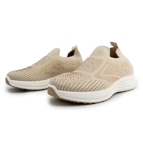 JOMIX Baskets Femme Respirantes en Maille Slip on sans Lacets Chaussures Légères Semelle Plateforme Souple Semelle Antidérapante Strass Semelle Intérieure Amovible...