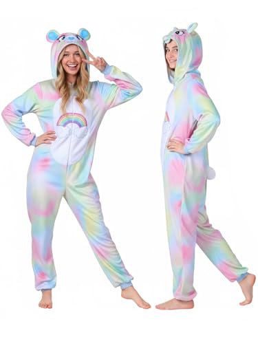 ROC PARTY Pastel Beary Cute Onesie for Unisex Adults - Hooded Rainbow Bear Pajamas Costume Jumpsuit with 3D Ears & Rainbow Belly for Halloween & Cosplay (Beary Cute Small)