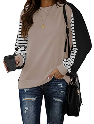 PRETTODAY Women's Casual Color Block Sweatshirts Long Striped Sleeve Round Neck Shirts Loose Tops Khaki