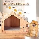 growpile Katzen- und Hundehäusschen aus hochwertigem Kiefernholz mit 2 Trinkschalen aus Edelstahl, zum selbst bemalen und bekleben mit Holzbuchstaben, incl. Acrylfarben