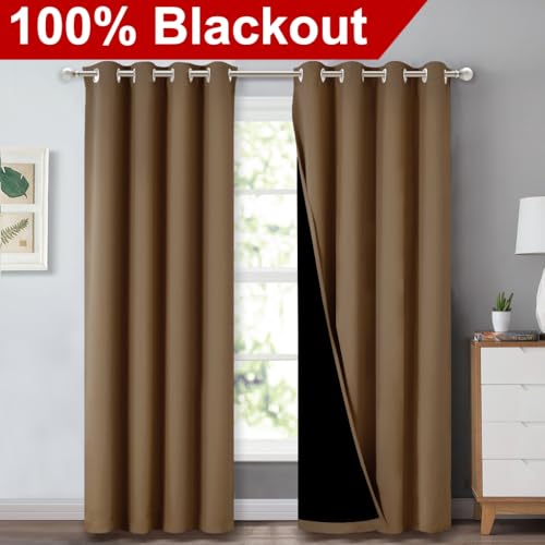 Image of NICETOWN 100% Blackout Window Curtain Panels, Heat and Cold Blocking Drapes with Black Liner for Nursery, 84 inches Drop Thermal Insulated Draperies (Gold Brown, 2 Pieces, 52 inches Wide Each Panel)