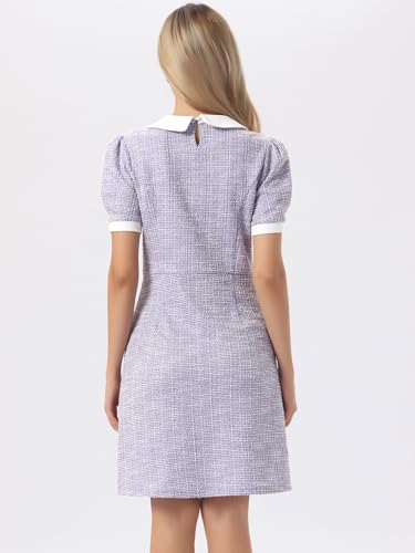 Image of Allegra K Peter Pan Collar Dresses for Women's Plaid Puff Short Sleeve Mini Tweed Dress
