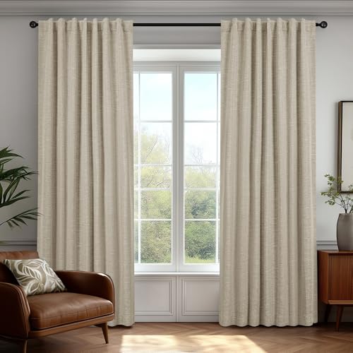 Deconovo Faux Linen 100% Blackout Curtains with Hidden Tabs & Pleat Tape, Tiebacks Included, Thermal...