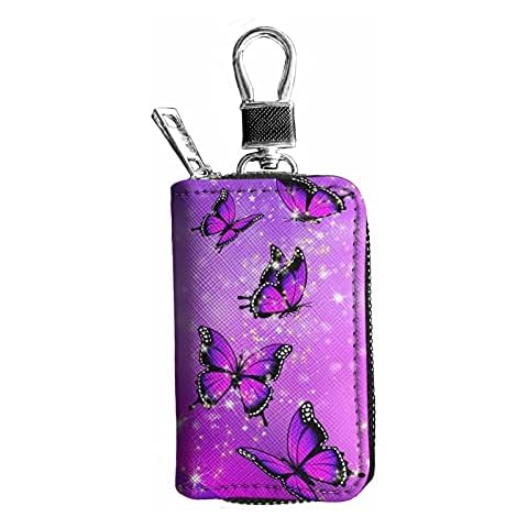 Pizding Purple Butterfly Pattern for Women Car Keychain Case Keyring Hodler PU Leather Zipper Universal Remote Key Bag Metal Hook Cover