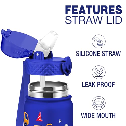 GOPPUS 550ml/18oz Kids Insulated Water Bottle with Straw Cute Double Wall Stainless Steel Child's Small Flask Vacuum Insulated Steel Metal Leak Proof Drink Flask Boys Toddler Girls Flask BPA-Free - Image 2