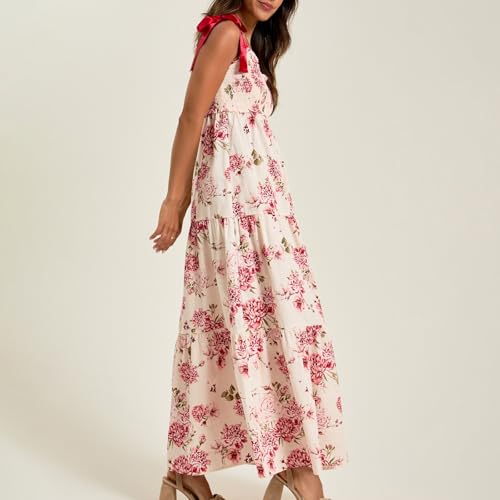 Image of Women Y2k Boho Maxi Dress Tie Shoulder Backless Strappy Tiered Flowy Dress 2024 Summer Floral Beach Sundress