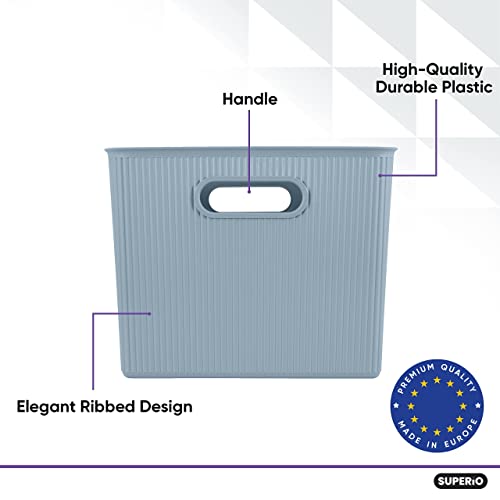 Superio Ribbed Collection - Decorative Plastic Lidded Home Storage Bins Organizer Baskets, X-Large Blue (2 Pack - 22 Liter) Stackable Container Box, For Organizing Closet Shelves Drawer Shelf #TOP2