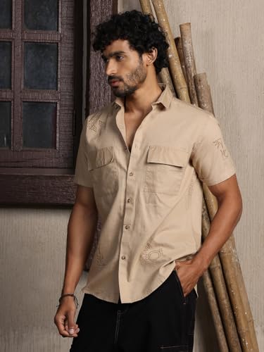 Image of Thomas Scott Men's | Embroidered Printed | Half Sleeve | Regular Fit | 100% Cotton | Double Pocket | Spread Collar | Casual Shirt