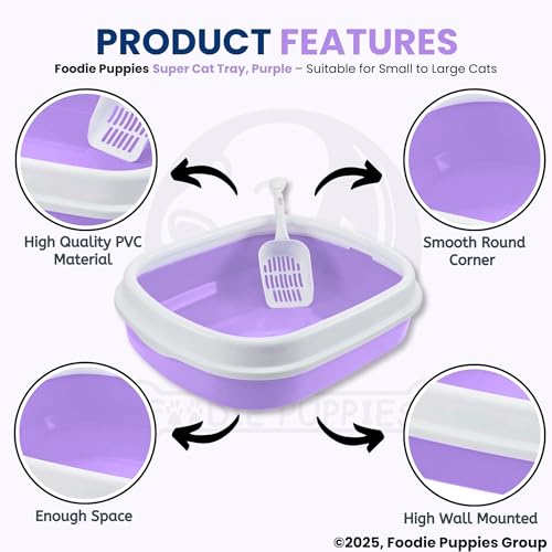 Image of Foodie Puppies Cat Litter Box Tray with Rim and Scooper - (Purple) (Large, 46 x 38 x 13 cm) | Semi-Closed Design and Durable Quality | Pet Litter Sand Tray Suitable for All Adult Cats & Kittens