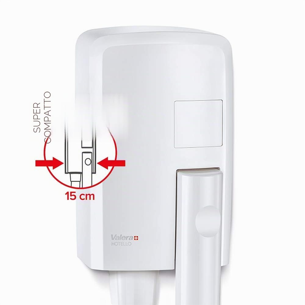 Valera Hotello, asciugacapelli murale a tubo per alberghi e strutture ricettive, compatto e potente, 1200 watt, Bianco