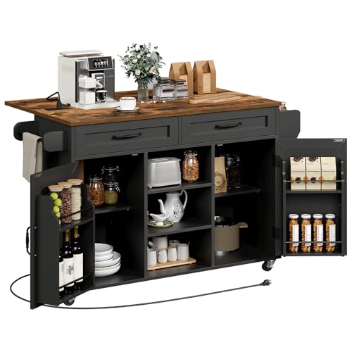 Kitchen Island with Power Outlets & Drop Leaf, Kitchen Cart with Storage, Drawer and Spice Rack, Tower Rack, Island Table, Black and Rustic Brown