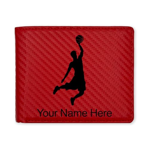 LaserGram Faux Leather Bi-Fold Wallet, Basketball Slam Dunk Man, Personalized Engraving Included (Carbon Fiber Red)