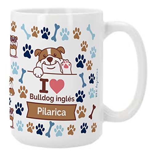 Bee Ingenious Taza BULLDOG INGLÉS personalizada con nombre.Taza desayuno XL de 443ml.Taza perro con...