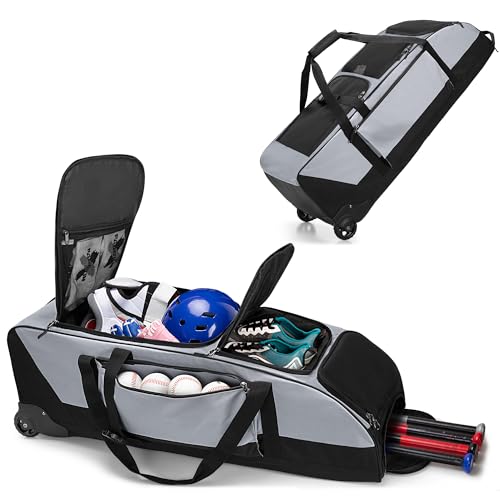 GOBUROS Rolling Baseball Softball Bag Wheels for 4 Bats,