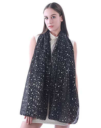 Silver Gold Glitter Shimmer Sparkle Foil Star Print Women's Scarf Shawl Wrap Lightweight3