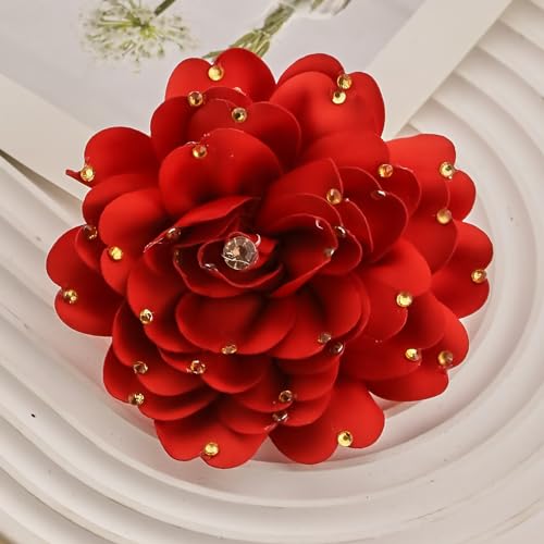 Image of Elegant Large Rose Flower Brooches Lapel Pins Handmade Dainty Satin Fabric Pearl Brooches Big Camellia Flower Brooch Pin for Women Wedding Part Dance Dress Suit Clothes Accessories Prom Jewelry