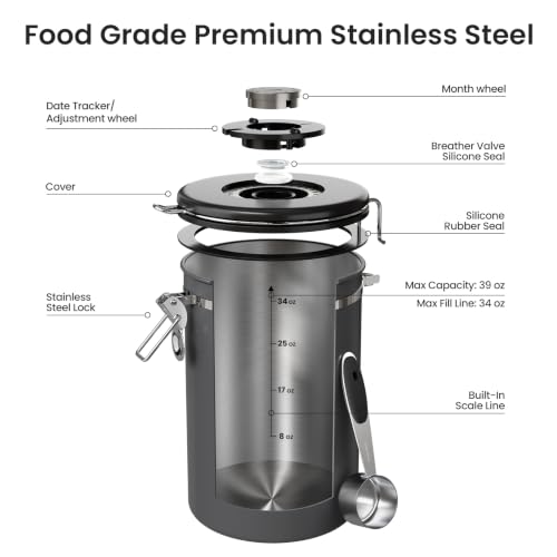 Veken Coffee Canister,39OZ, 2.2lbs,Large Airtight Stainless Steel Container - Image 5