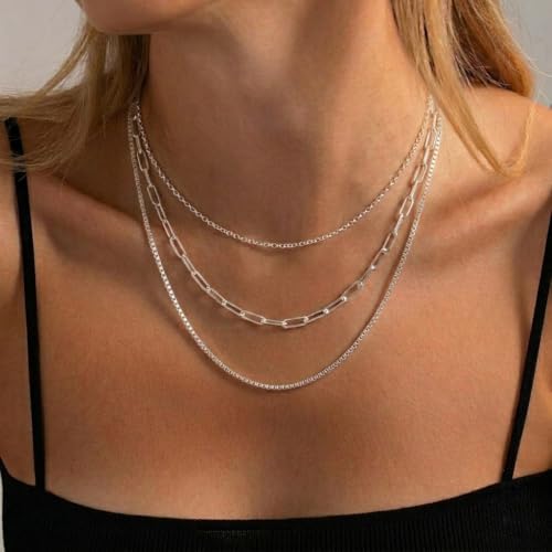 Image of Freekiss Layered Necklace Set for Women Stackable | Herringbone Snake Cuban Rope Chain, Dainty Choker, Layered Stackable, Non Tarnish, Hypoallergenic, Adjustable 14-18.5 inch