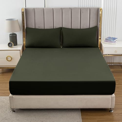 Soifox Super King Fitted Sheet Olive Green, Bed Sheets with Extra Deep Pocket 16 inch (40 cm) - Image 2