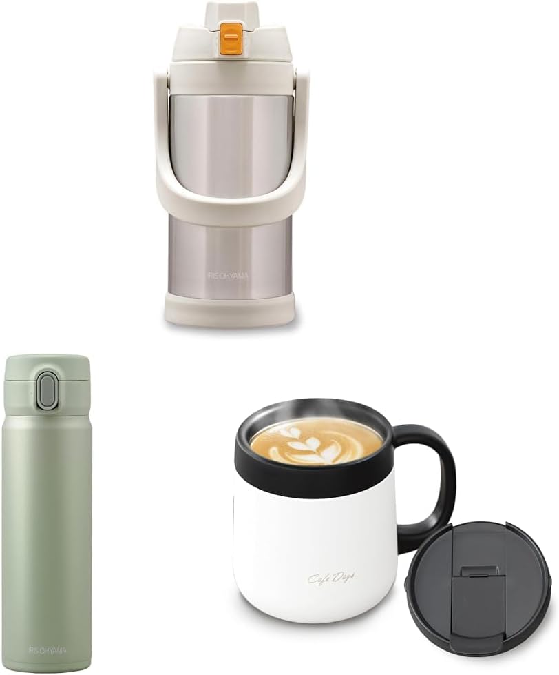 【セット買い】アイリスオーヤマ(IRIS OHYAMA) 水筒 2L アイボリー スポーツボトル 大容量でワンタッチオープン&amp