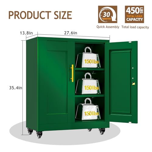 Image of pozdeg 35 inch Metal Storage Cabinet with Lock and Wheels, Lockable Office File Cabinet with 2 Doors and 2 Adjustable Shelves, Rolling Steel Tool Garage Cabinets for Home Office (Green)