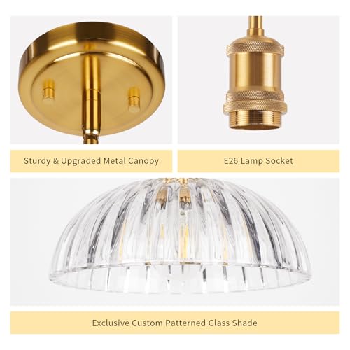 Image of JYO 10 inch Gold Pendant Light, Vintage Single Pendant Light Fixtur with Ribbed Glass, Pendant Light for Kitchen Island Bedroom Hotel Living Room