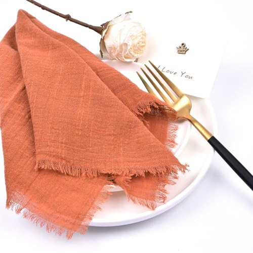 Joanlody HCN01 Handmade Cloth Napkins 16.5X16.5 Inches Cotton Linen Napkins With Fringe Rustic Bulk Dinner Napkins For Wedding Party Baby Shower Set Of 6 Terracotta thumb #5