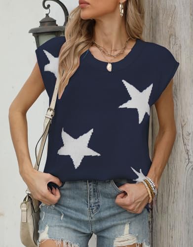Image of Alsol Lamesa Women's Summer Cap Sleeve Sweater Vest 2024 Crewneck Sleeveless Pullover Knit Lightweight Tank Tops, Large, 911 Navy