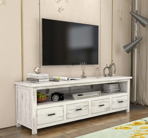 Image of Sheesham Solid Wood TV Cabinet for Living Room | Handcrafted Wooden TV Unit with Storage | Elegant Entertainment Stand for Modern Homes (4 Drawer Tv Cabinet, Rustic White)