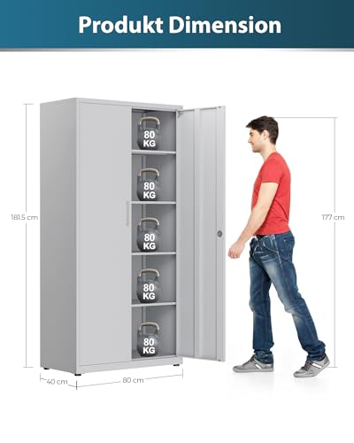 Aktenschrank, Mehrzweckschrank, Stahl-Aufbewahrungsschrank, Werkstattschrank, 180 x 80 x 40 cm, graues weiß