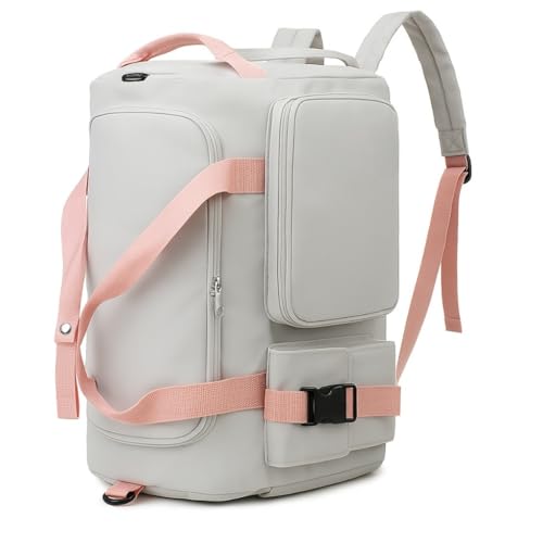 Bolsa Mochila Multifuncional para Academia e Viagens, Grande Capacidade, Compartimento para Calçados, 30L(Cinza/Rosa)