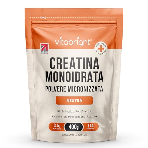 Creatina Monoidrata in Polvere Micronizzata | Busta da 400g | 114 Porzioni | Creatina Monohidrato Polvere Ultra Fine 200 Mesh a Rapido Scioglimento (Non Capsule) | Vitabright Creatine Monohydrate