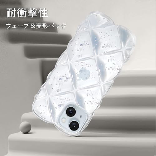 GUAGUA iPhone15 ケース クリア ウェーブ 菱形バック いphone 15 透明 うねうね スマホケース TPU キラキラ 菱形 凸凹 アルミ箔シルバー 可愛い 韓国 人気 耐衝撃 超軽量 おしゃれ バンパー ストラップホール付き アイフォン15 6.1インチ用 なみなみ カバー（クリア 透明 銀箔 ）