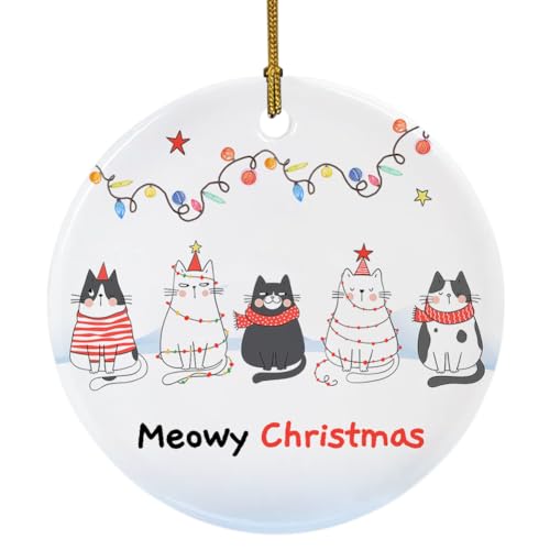 Funny Meowy Christmas Ornament, Farmhouse Ceramic Ornament for Christmas Tree Decor, Cute Cat Holiday Keepsake Gift for Cat Lover