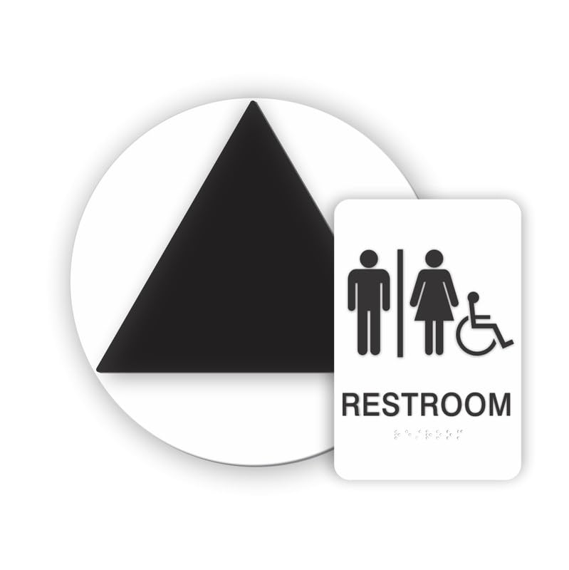 California Unisex Restroom Door Sign 2-Pack Bundle, Blank Triangle on Circle Bathroom Door & 6x9” ADA Restroom Wall, Meets CA Title 24 Requirements,