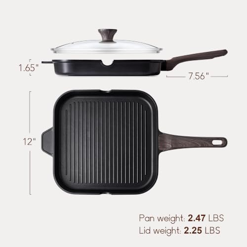 Image of SENSARTE Nonstick Grill Pan with Lid, Grill Pan for Stove Tops, Versatile Griddle with Pour Spouts, Square Big Cooking Surface, Durable Skillet Indoor & Outdoor Grilling. PFOA Free, 9.5 Inch, 12Inch
