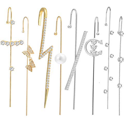 4Pairs Ear Cuff Wrap Crawler Hook Earrings for Women Girls Unique Long Earrings Hypoallergenic Stud Climber Earrings (8pcs)