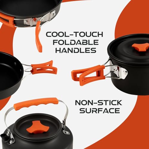 Image of 11-Piece Camping Cookware Mess Kit Set | Lightweight Nonstick Pot & Pan with Spoon, Spork, Bowls, Knife & Travel Bag | Compact Outdoor Cooking Set for Hiking, Backpacking & Scouts