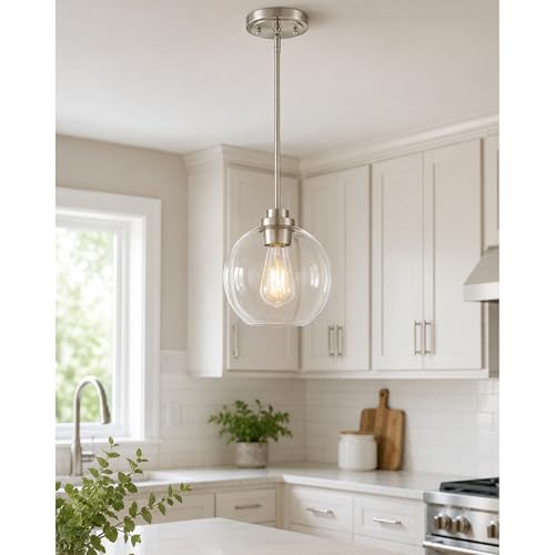 Image of Pendant Lights Kitchen Island, 8 inch Brushed Nickel Pendant Light Fixtures with Globe Clear Glass Shade, Modern Kitchen Island Lighting for Bathroom, AD-22280-1PL-SN