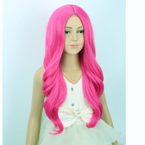 Image of Hot Pink Wig Long Rose Red Middle Part Wig Long Purple Pink Wavy Curly Wigs Heat Resistant Synthetic Wigs for Daily Party Use