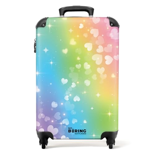 NoBoringSuitcases.com Kinderkoffer, Kinderkoffer Mädchen, Koffer Kinder, Hartschalenkoffer, Reisekoffer, Kindertrolley Mädchen, Koffer S, Handgepäck 55x40x20 cm (Schwebende Herzchen - Regenbogen)