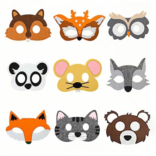txuzong Masques Animaux en Feutre Doux - Lot de 9 Déguisements Réutilisables pour Enfants - Confortables et Léger pour Carnaval, Cosplay, Fête...