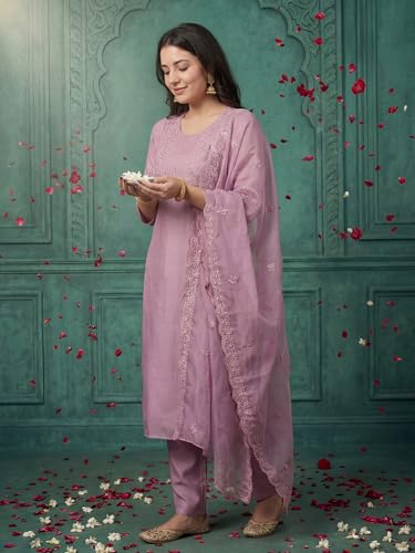 Image of INDO ERA Solid Straight Pure Cotton Kurta with Pant & Dupatta Set for Women