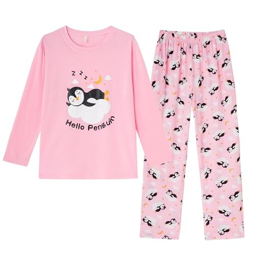 Girls Cotton Blend Pajama Sets Long Sleeve Long Pants Cartoon Sleepwear with Pockets Teen Girls 6 to 18 Years