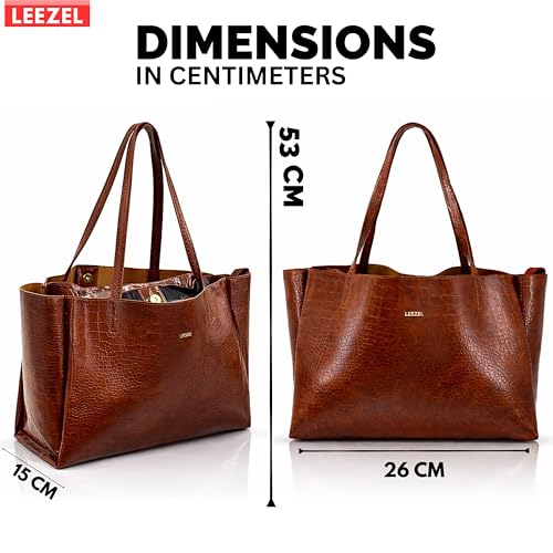 Image of LEEZEL Women's Structured Tote Bag - Large Capacity Work & Travel Purse Croco Pattern Vegan Leather Stylish Tote Bag Classic Everyday Shoulder Bag