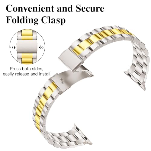 Image of Melyis Slim Metal Band Compatible with Apple Watch Bands for Women 46mm 44mm 45mm 42mm 49mm, Premium Stainless Steel iWatch Bands for Apple Watch Band Series 11 10 9 SE 8 7 6 5 4 3 2 Ultra-Starlight /Gold