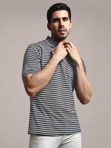 Image of GRECIILOOKS Men Cotton Striped Regular Fit Polo Plain Casual for Stylish Half Sleeve T Shirt