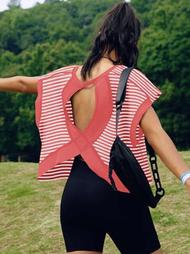 Image of SENSERISE Womens Open Back Workout Tops Backless Short Sleeve Athletic Shirt Running Crop Top Gym Yoga Tee